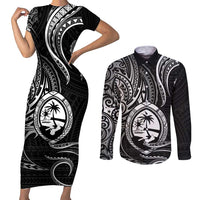 Polynesian Guam Coat of Arms Couples Matching Short Sleeve Bodycon Dress and Long Sleeve Button Shirt Polynesian Tribal Tattoo Black Version LT9 Black - Polynesian Pride