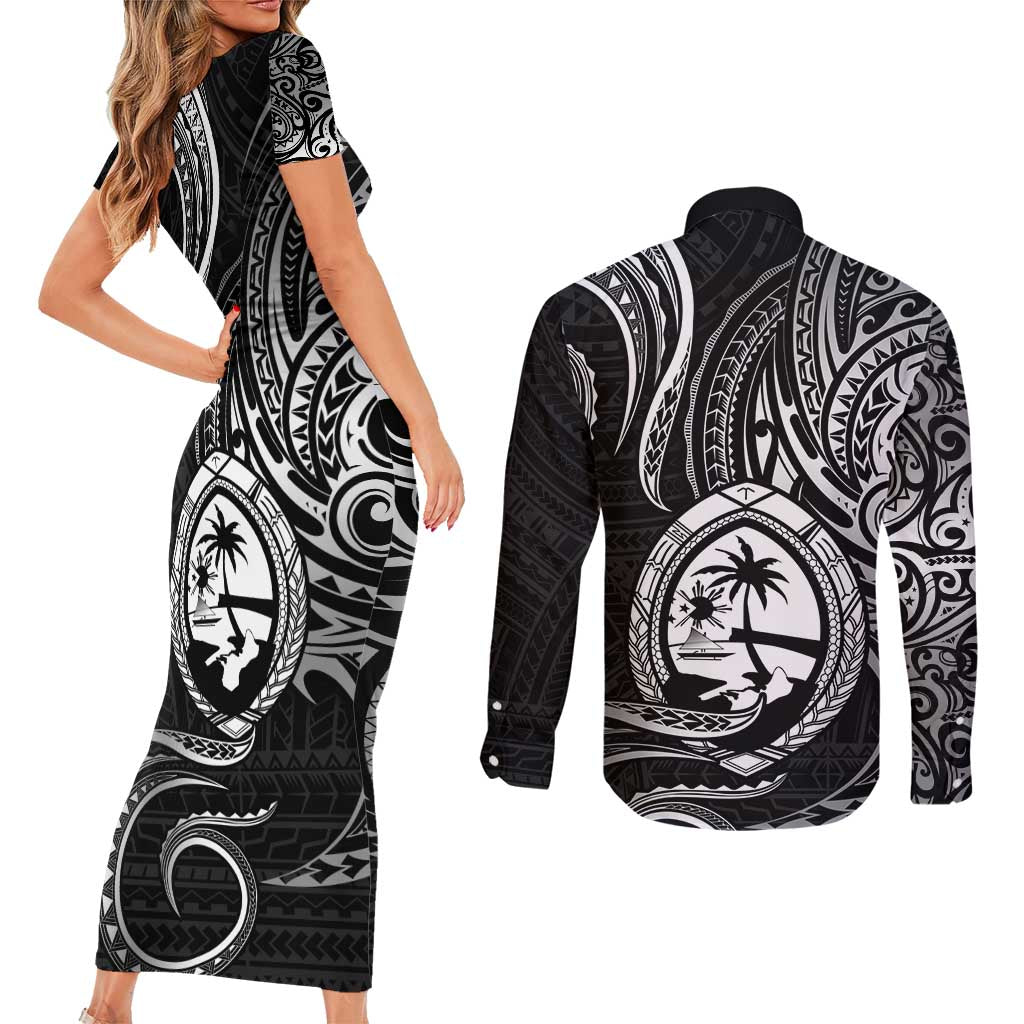Polynesian Guam Coat of Arms Couples Matching Short Sleeve Bodycon Dress and Long Sleeve Button Shirt Polynesian Tribal Tattoo Black Version LT9 - Polynesian Pride
