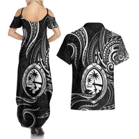 Polynesian Guam Coat of Arms Couples Matching Summer Maxi Dress and Hawaiian Shirt Polynesian Tribal Tattoo Black Version LT9 - Polynesian Pride