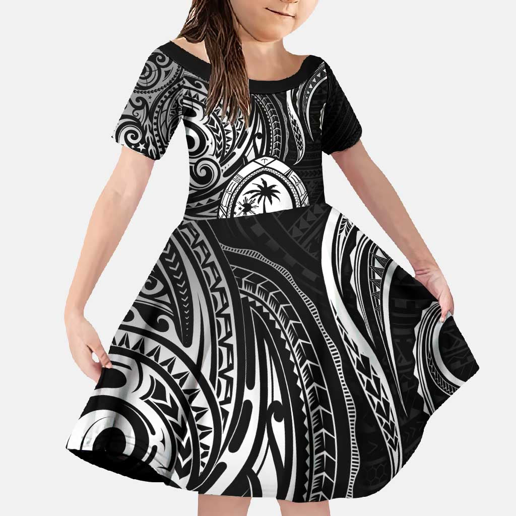 Polynesian Guam Coat of Arms Family Matching Long Sleeve Bodycon Dress and Hawaiian Shirt Polynesian Tribal Tattoo Black Version LT9 Daughter's Dress Black - Polynesian Pride