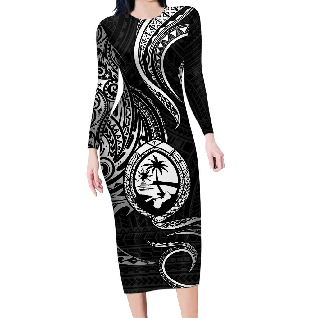 Polynesian Guam Coat of Arms Family Matching Long Sleeve Bodycon Dress and Hawaiian Shirt Polynesian Tribal Tattoo Black Version LT9 Mom's Dress Black - Polynesian Pride