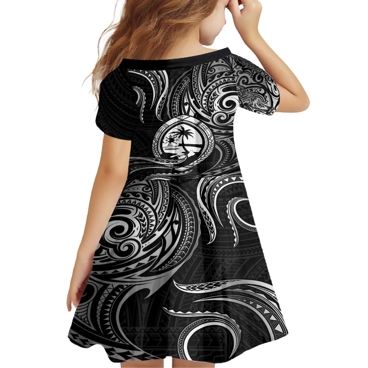 Polynesian Guam Coat of Arms Family Matching Off The Shoulder Long Sleeve Dress and Hawaiian Shirt Polynesian Tribal Tattoo Black Version LT9 - Polynesian Pride