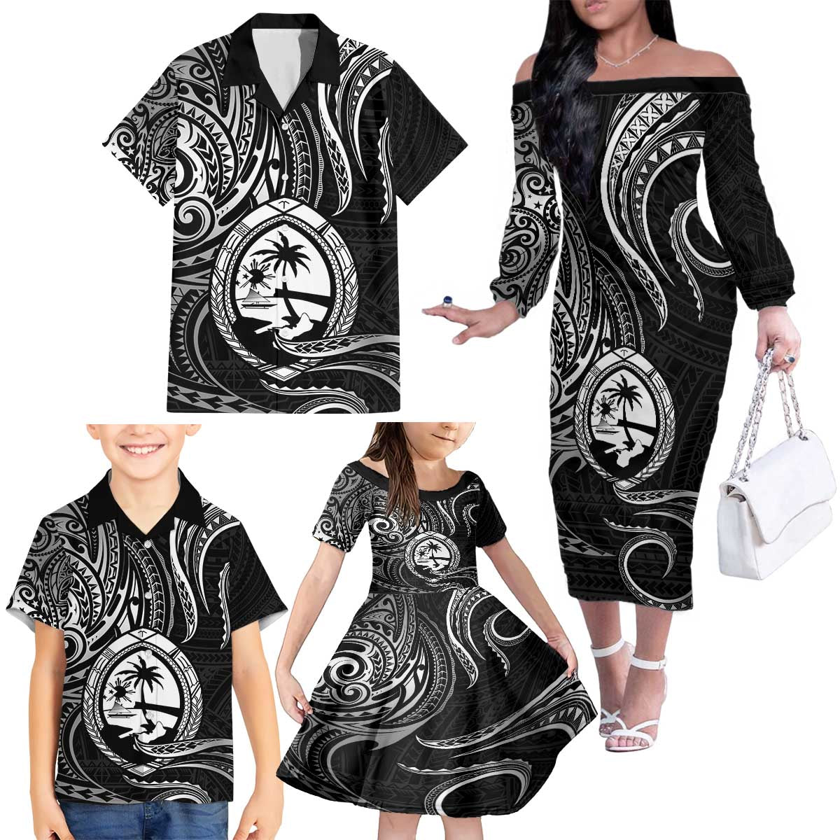 Polynesian Guam Coat of Arms Family Matching Off The Shoulder Long Sleeve Dress and Hawaiian Shirt Polynesian Tribal Tattoo Black Version LT9 - Polynesian Pride