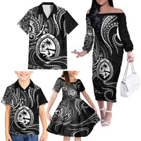 Polynesian Guam Coat of Arms Family Matching Off The Shoulder Long Sleeve Dress and Hawaiian Shirt Polynesian Tribal Tattoo Black Version LT9 - Polynesian Pride