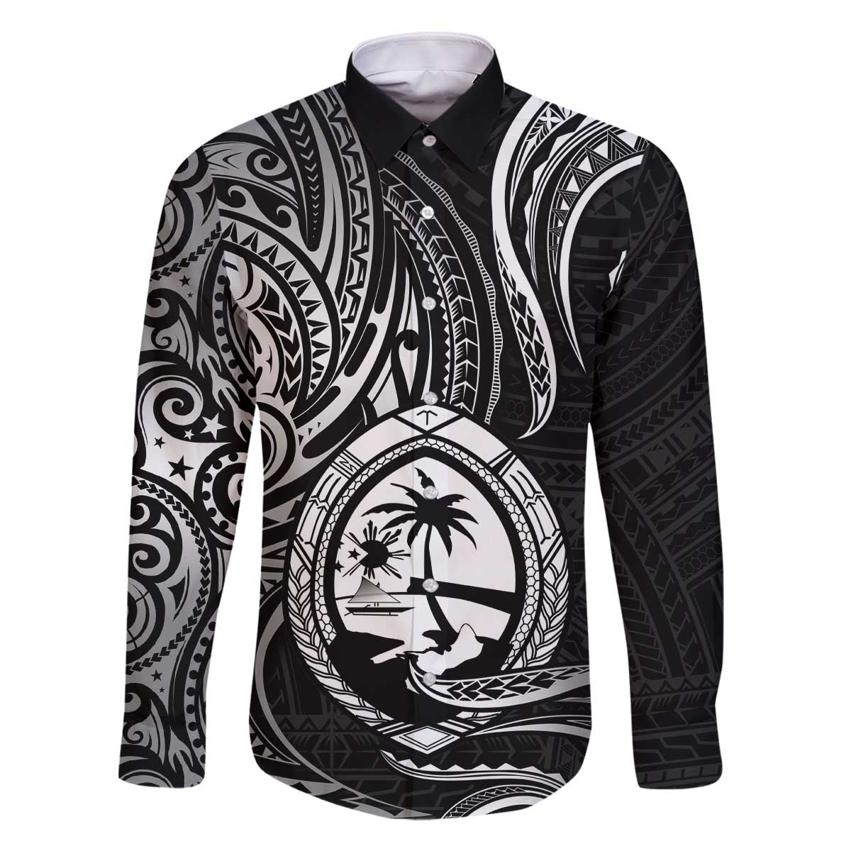 Polynesian Guam Coat of Arms Family Matching Off The Shoulder Long Sleeve Dress and Hawaiian Shirt Polynesian Tribal Tattoo Black Version LT9 Dad's Shirt - Long Sleeve Black - Polynesian Pride