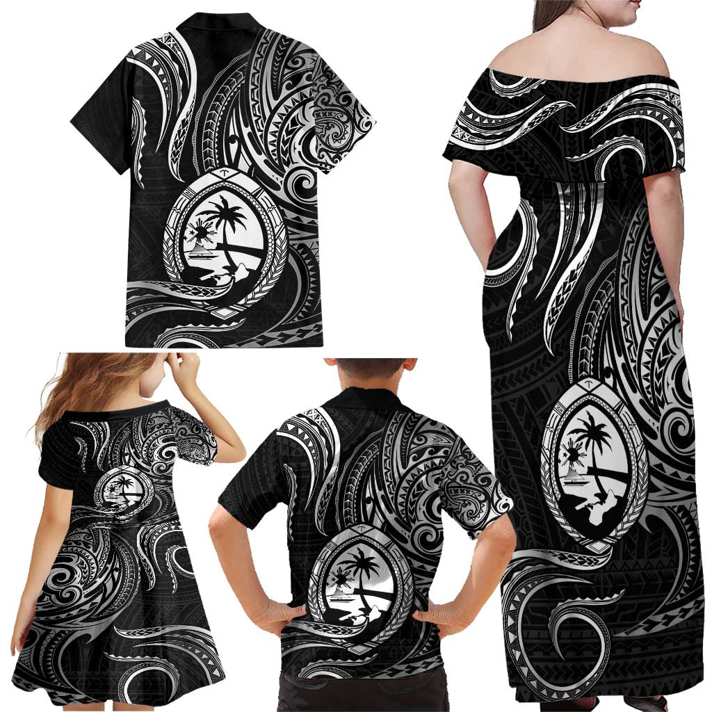 Polynesian Guam Coat of Arms Family Matching Off Shoulder Maxi Dress and Hawaiian Shirt Polynesian Tribal Tattoo Black Version LT9 - Polynesian Pride