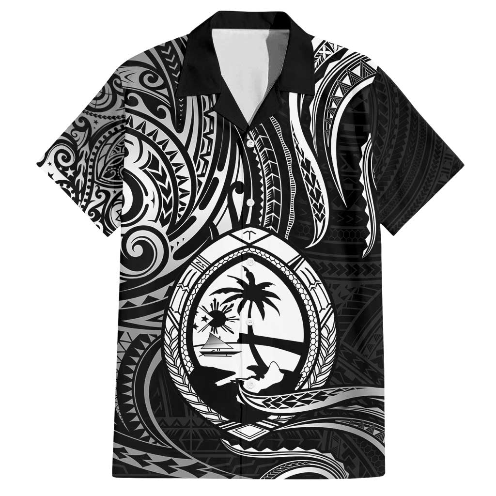Polynesian Guam Coat of Arms Family Matching Off Shoulder Maxi Dress and Hawaiian Shirt Polynesian Tribal Tattoo Black Version LT9 Dad's Shirt - Short Sleeve Black - Polynesian Pride