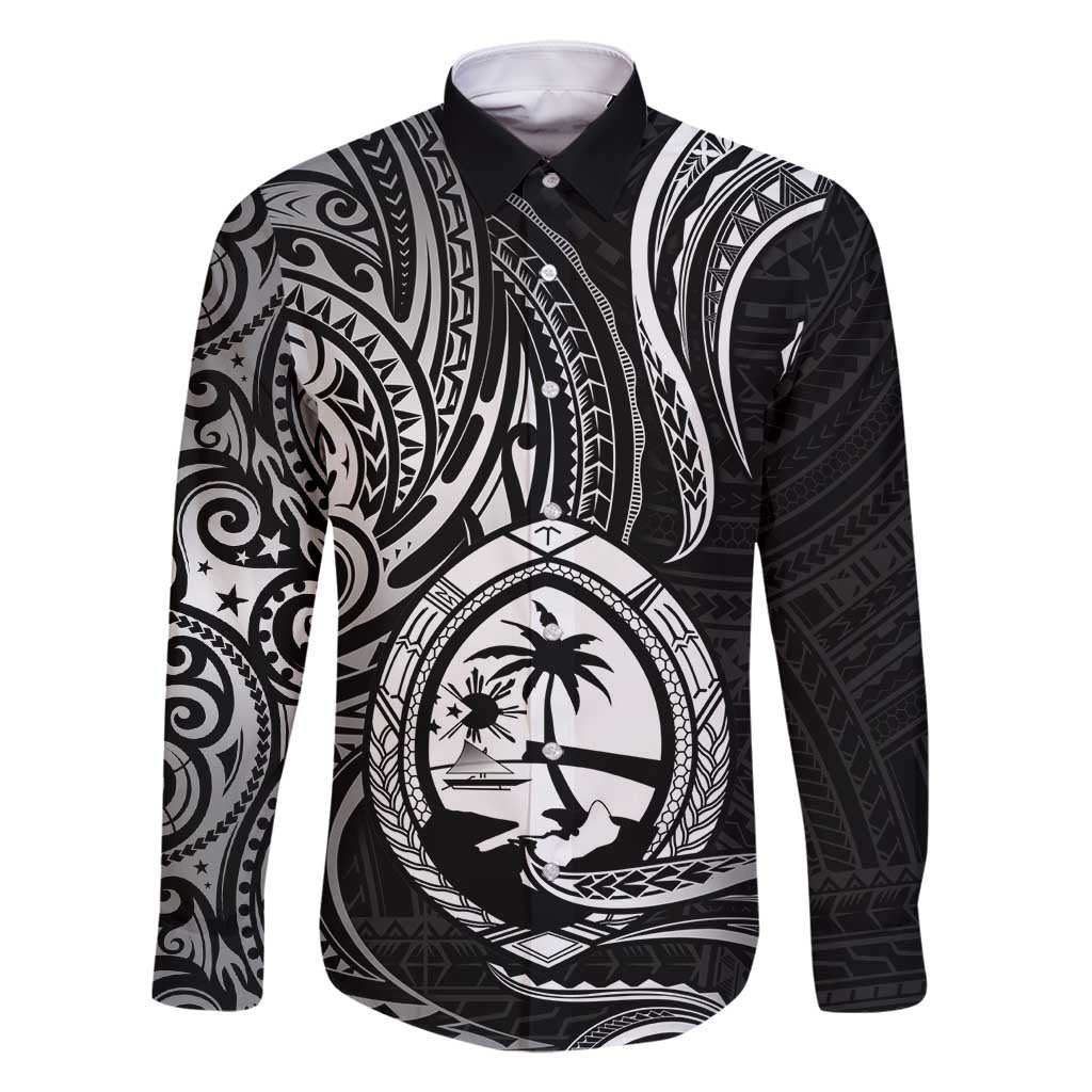 Polynesian Guam Coat of Arms Family Matching Off Shoulder Maxi Dress and Hawaiian Shirt Polynesian Tribal Tattoo Black Version LT9 Dad's Shirt - Long Sleeve Black - Polynesian Pride