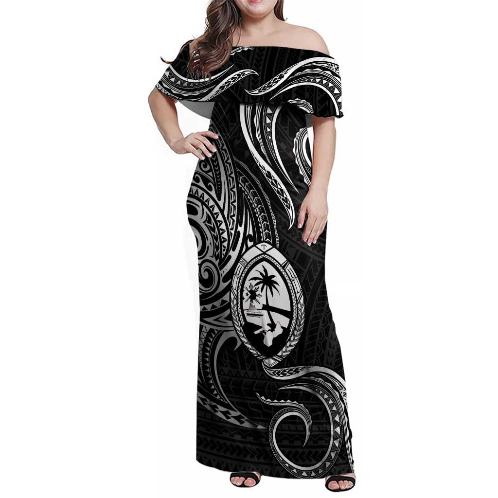 Polynesian Guam Coat of Arms Family Matching Off Shoulder Maxi Dress and Hawaiian Shirt Polynesian Tribal Tattoo Black Version LT9 Mom's Dress Black - Polynesian Pride