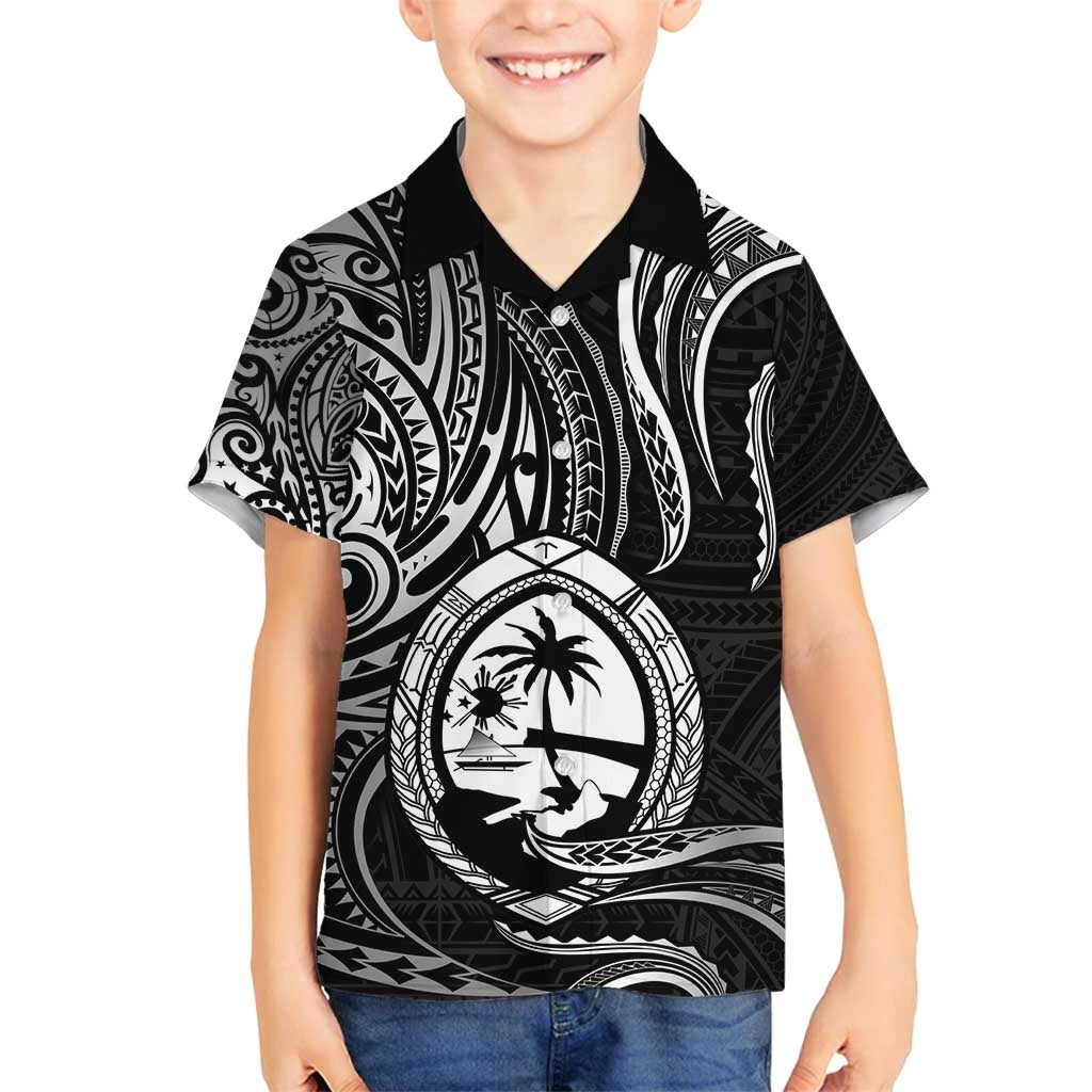 Polynesian Guam Coat of Arms Family Matching Off Shoulder Maxi Dress and Hawaiian Shirt Polynesian Tribal Tattoo Black Version LT9 Son's Shirt Black - Polynesian Pride