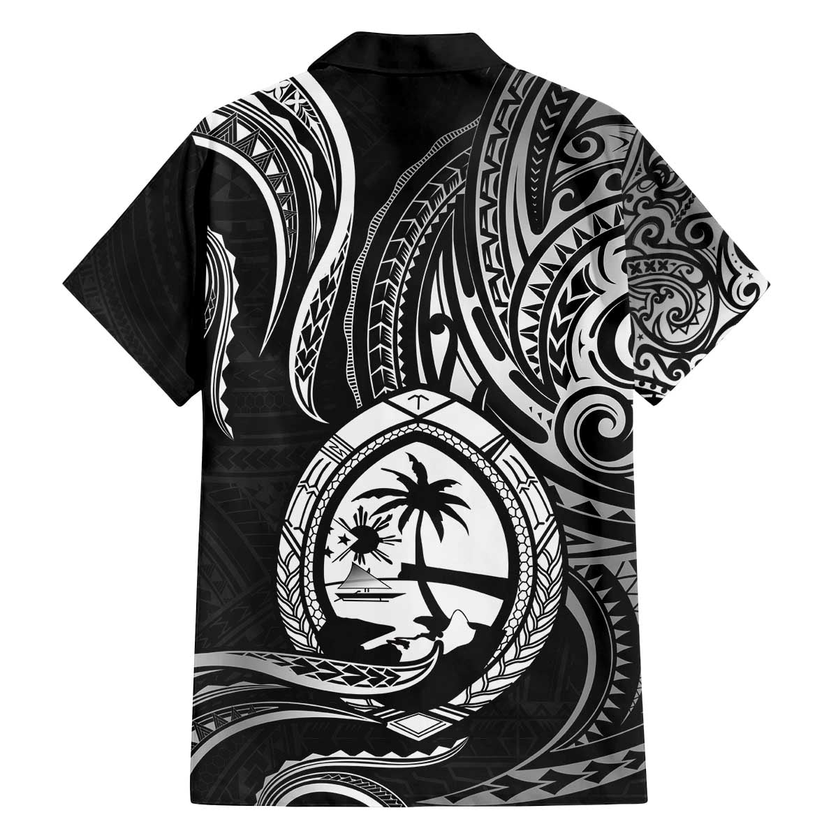 Polynesian Guam Coat of Arms Family Matching Off Shoulder Short Dress and Hawaiian Shirt Polynesian Tribal Tattoo Black Version LT9 - Polynesian Pride