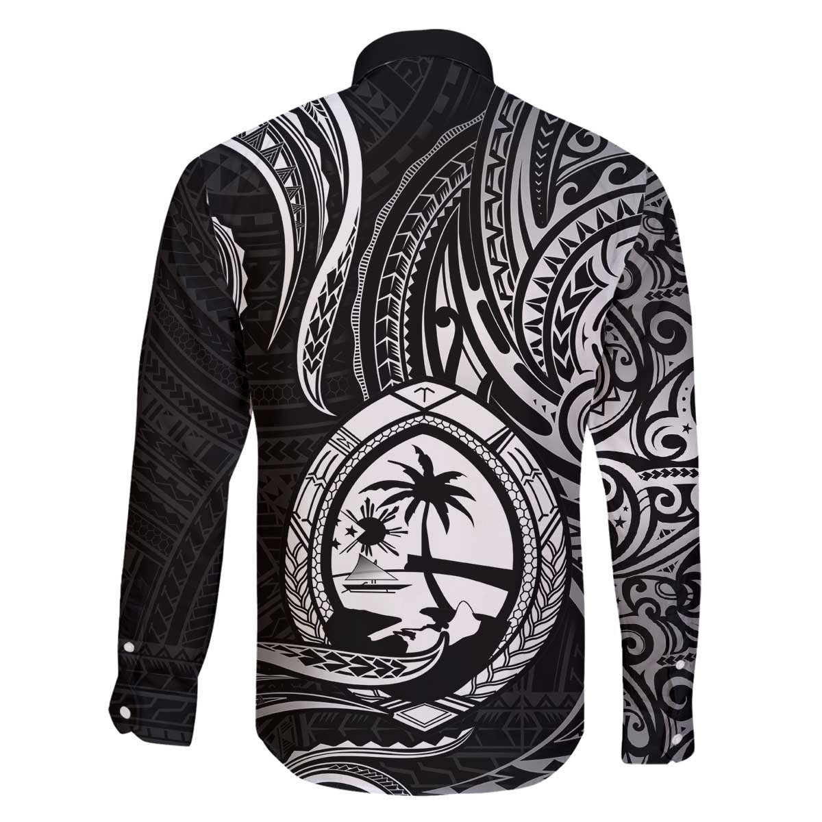 Polynesian Guam Coat of Arms Family Matching Off Shoulder Short Dress and Hawaiian Shirt Polynesian Tribal Tattoo Black Version LT9 - Polynesian Pride