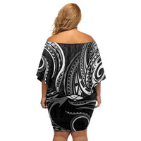 Polynesian Guam Coat of Arms Family Matching Off Shoulder Short Dress and Hawaiian Shirt Polynesian Tribal Tattoo Black Version LT9 - Polynesian Pride