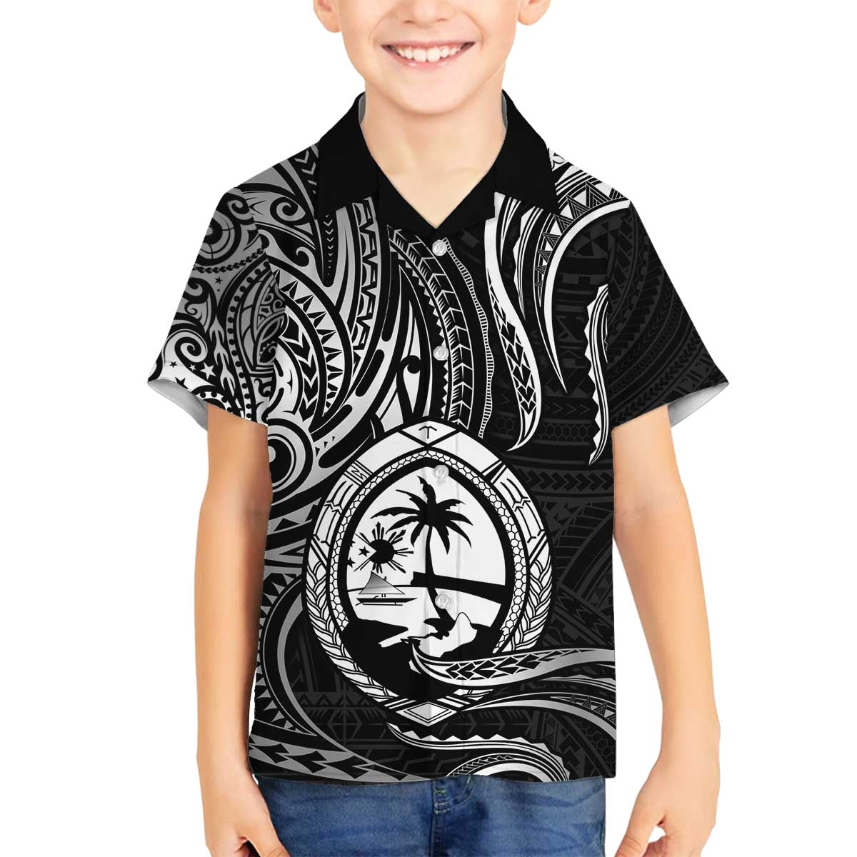 Polynesian Guam Coat of Arms Family Matching Off Shoulder Short Dress and Hawaiian Shirt Polynesian Tribal Tattoo Black Version LT9 Son's Shirt Black - Polynesian Pride