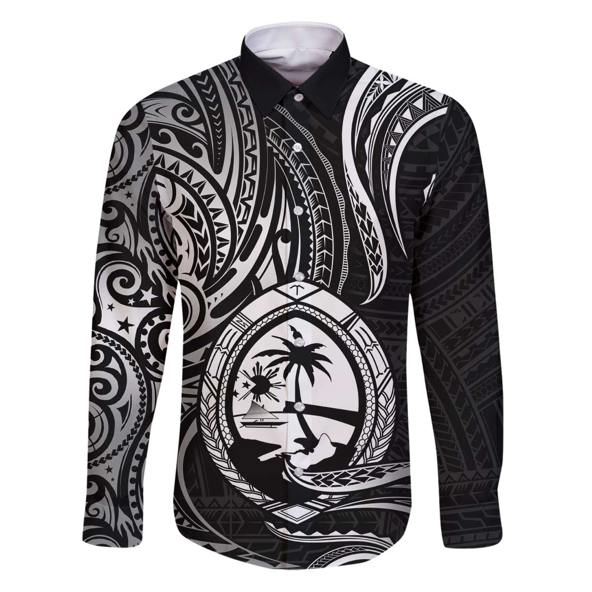 Polynesian Guam Coat of Arms Family Matching Puletasi and Hawaiian Shirt Polynesian Tribal Tattoo Black Version LT9 Dad's Shirt - Long Sleeve Black - Polynesian Pride