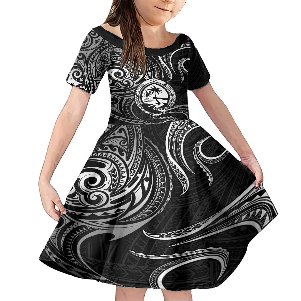 Polynesian Guam Coat of Arms Family Matching Summer Maxi Dress and Hawaiian Shirt Polynesian Tribal Tattoo Black Version LT9 Daughter's Dress Black - Polynesian Pride