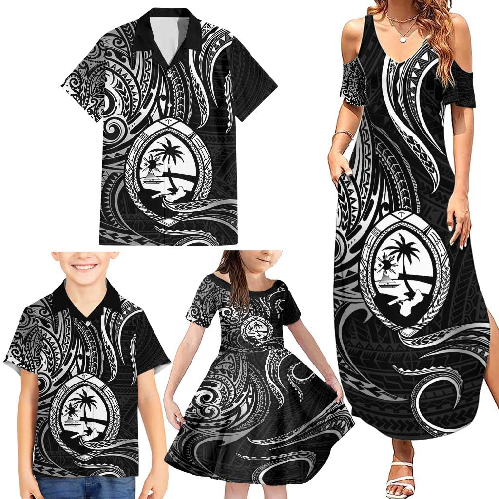 Polynesian Guam Coat of Arms Family Matching Summer Maxi Dress and Hawaiian Shirt Polynesian Tribal Tattoo Black Version LT9 - Polynesian Pride