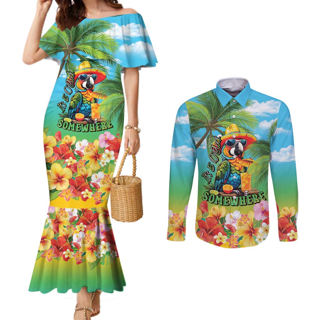 Always 5 O'clock Couples Matching Mermaid Dress and Long Sleeve Button Shirt Hawaiian Tropical Parrot LT9 Blue - Polynesian Pride