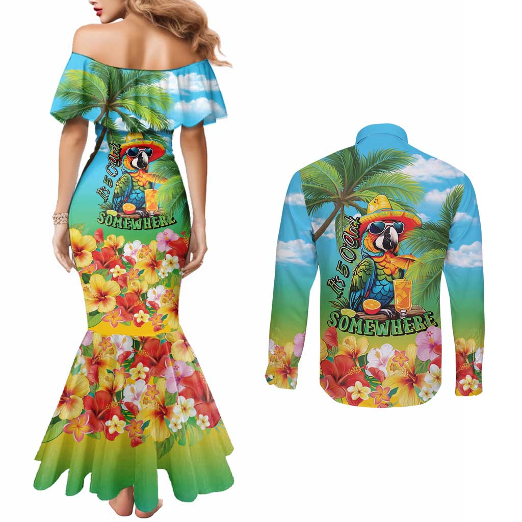 Always 5 O'clock Couples Matching Mermaid Dress and Long Sleeve Button Shirt Hawaiian Tropical Parrot LT9 - Polynesian Pride