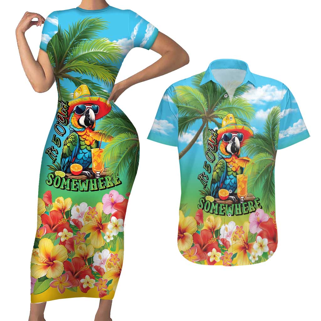 Always 5 O'clock Couples Matching Short Sleeve Bodycon Dress and Hawaiian Shirt Hawaiian Tropical Parrot LT9 Blue - Polynesian Pride