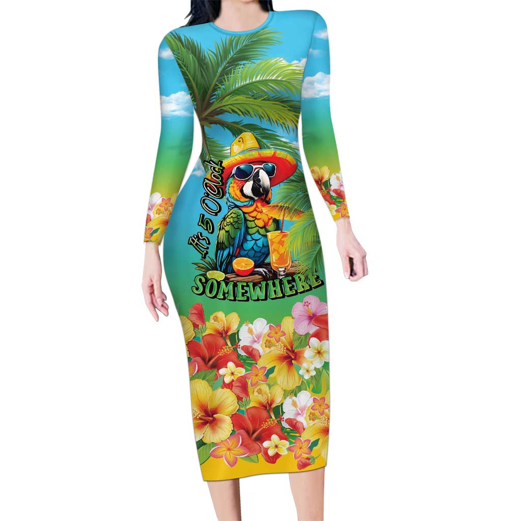Always 5 O'clock Family Matching Long Sleeve Bodycon Dress and Hawaiian Shirt Hawaiian Tropical Parrot LT9 Mom's Dress Blue - Polynesian Pride