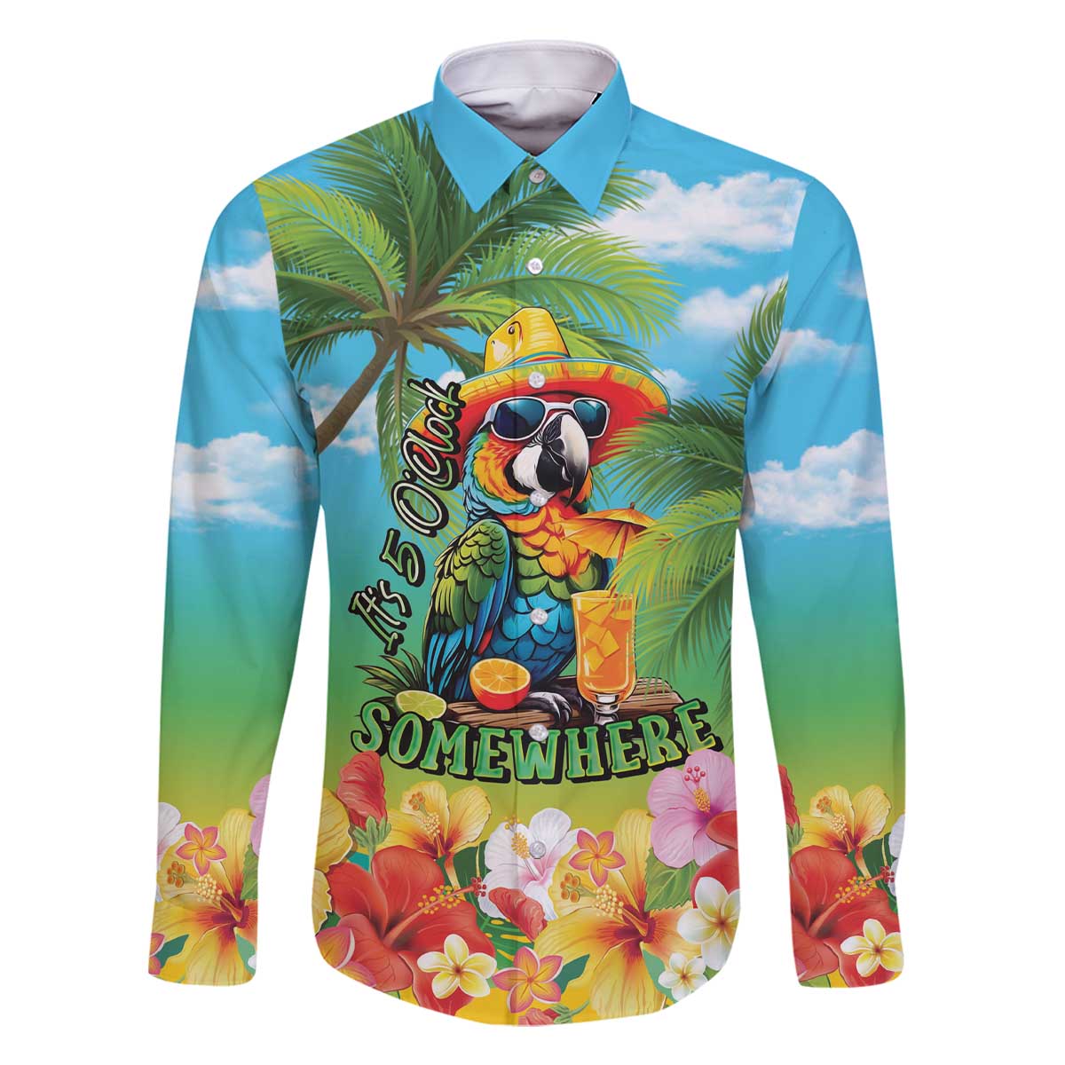 Always 5 O'clock Family Matching Off The Shoulder Long Sleeve Dress and Hawaiian Shirt Hawaiian Tropical Parrot LT9 Dad's Shirt - Long Sleeve Blue - Polynesian Pride