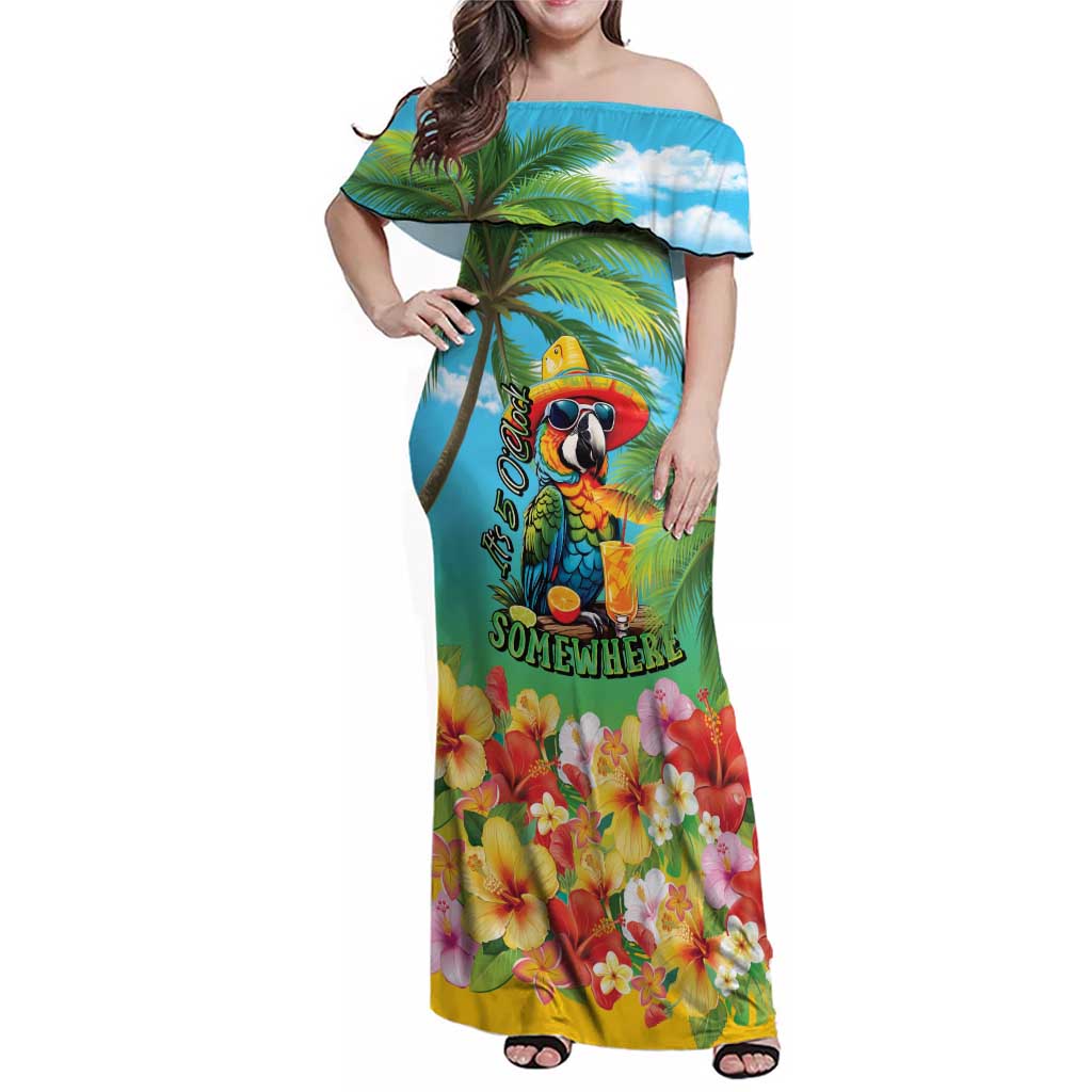 Always 5 O'clock Family Matching Off Shoulder Maxi Dress and Hawaiian Shirt Hawaiian Tropical Parrot LT9 Mom's Dress Blue - Polynesian Pride