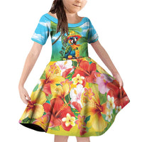 Always 5 O'clock Family Matching Off Shoulder Short Dress and Hawaiian Shirt Hawaiian Tropical Parrot LT9 Daughter's Dress Blue - Polynesian Pride