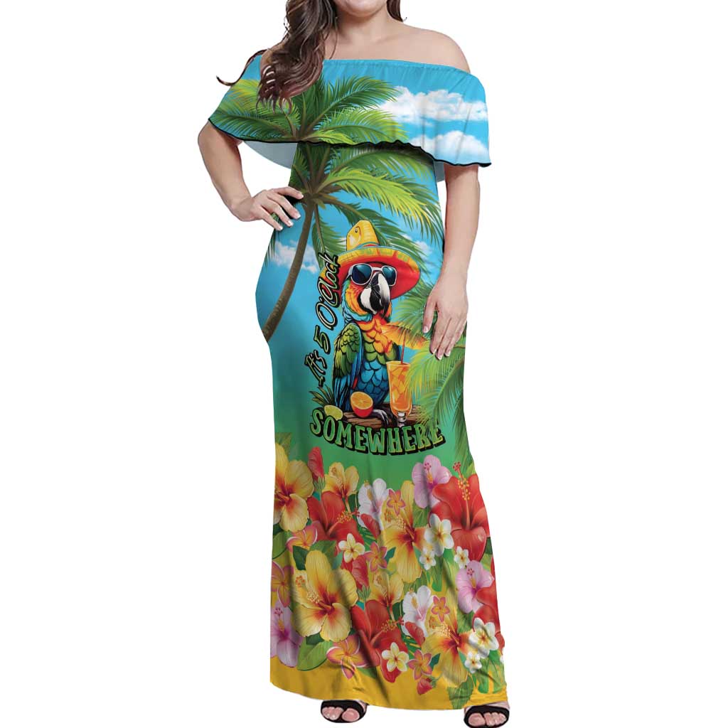 Always 5 O'clock Off Shoulder Maxi Dress Hawaiian Tropical Parrot LT9 Women Blue - Polynesian Pride