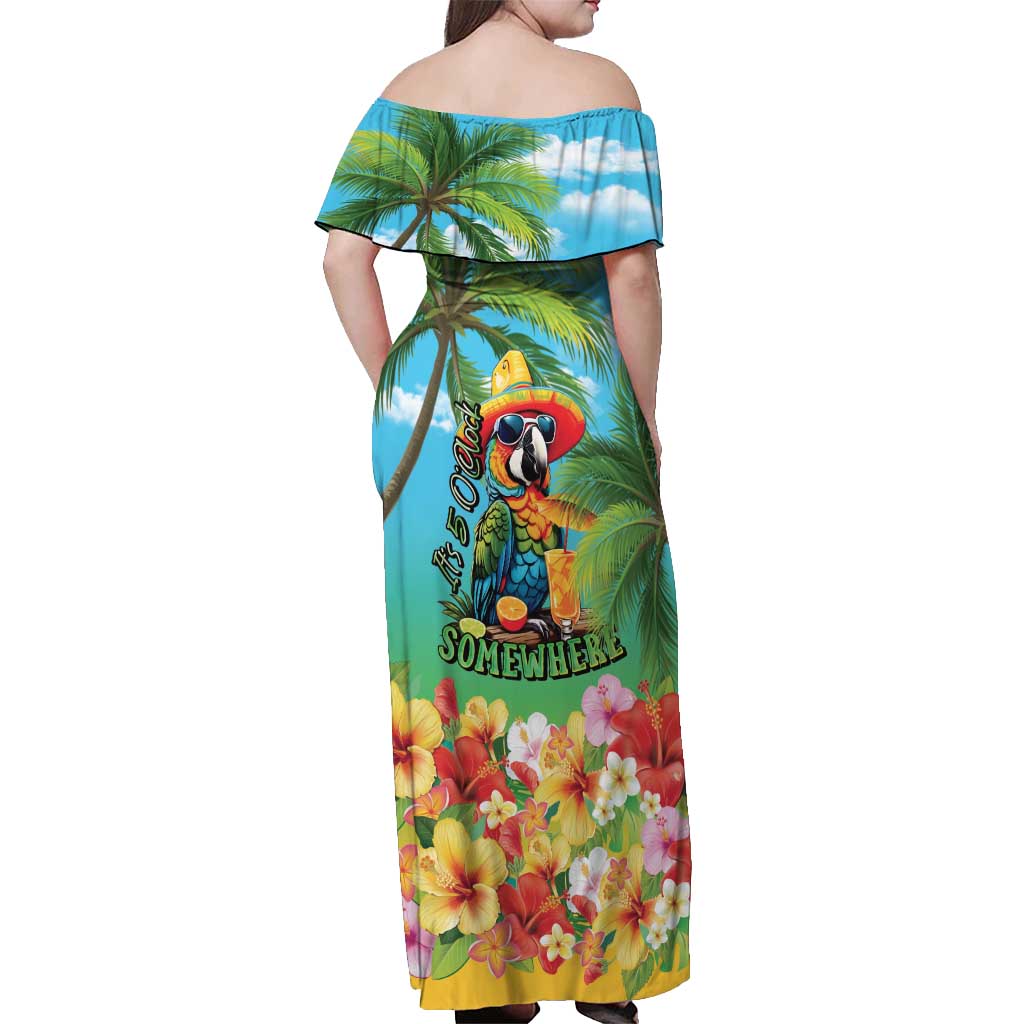 Always 5 O'clock Off Shoulder Maxi Dress Hawaiian Tropical Parrot LT9 - Polynesian Pride