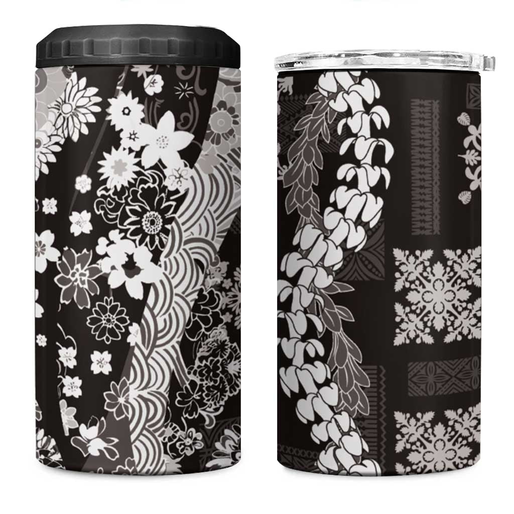 Hawaii Puakenikeni and Maile Lei 4 in 1 Can Cooler Tumbler Black Japanese Wave Style LT9 One Size: 16 oz Black - Polynesian Pride