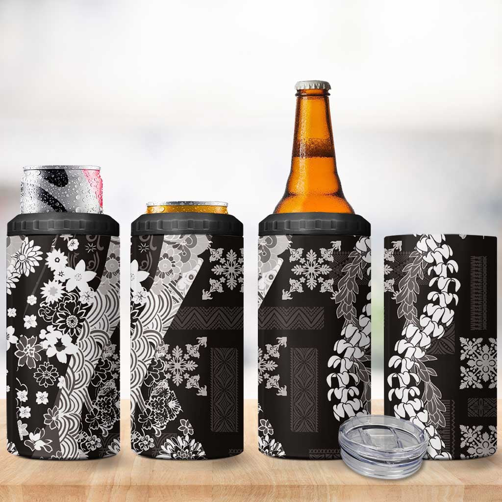 Hawaii Puakenikeni and Maile Lei 4 in 1 Can Cooler Tumbler Black Japanese Wave Style LT9 - Polynesian Pride