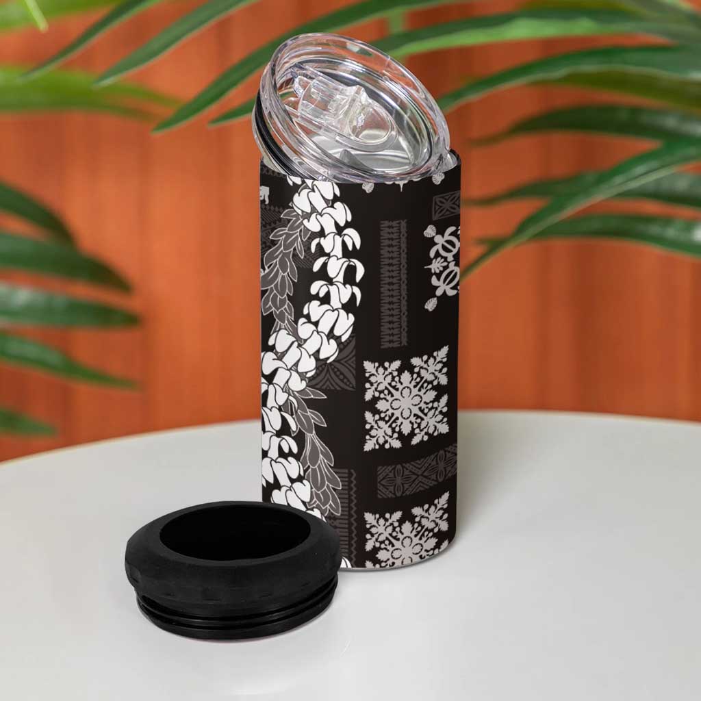 Hawaii Puakenikeni and Maile Lei 4 in 1 Can Cooler Tumbler Black Japanese Wave Style LT9 - Polynesian Pride