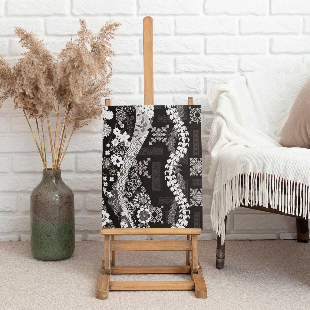 Hawaii Puakenikeni and Maile Lei Canvas Wall Art Black Japanese Wave Style - Polynesian Pride