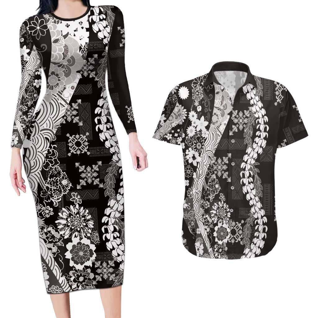 Hawaii Puakenikeni and Maile Lei Couples Matching Long Sleeve Bodycon Dress and Hawaiian Shirt Black Japanese Wave Style LT9 Black - Polynesian Pride