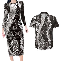 Hawaii Puakenikeni and Maile Lei Couples Matching Long Sleeve Bodycon Dress and Hawaiian Shirt Black Japanese Wave Style LT9 Black - Polynesian Pride