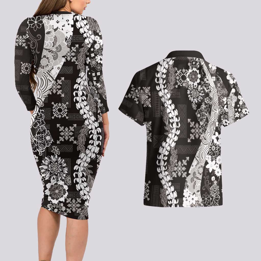 Hawaii Puakenikeni and Maile Lei Couples Matching Long Sleeve Bodycon Dress and Hawaiian Shirt Black Japanese Wave Style LT9 - Polynesian Pride