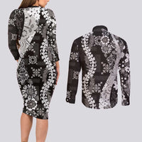 Hawaii Puakenikeni and Maile Lei Couples Matching Long Sleeve Bodycon Dress and Long Sleeve Button Shirt Black Japanese Wave Style LT9 - Polynesian Pride