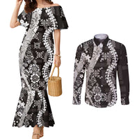 Hawaii Puakenikeni and Maile Lei Couples Matching Mermaid Dress and Long Sleeve Button Shirt Black Japanese Wave Style LT9 Black - Polynesian Pride