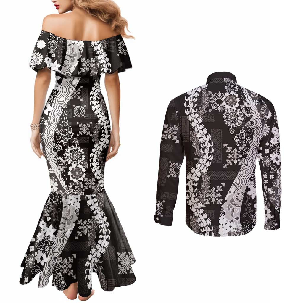 Hawaii Puakenikeni and Maile Lei Couples Matching Mermaid Dress and Long Sleeve Button Shirt Black Japanese Wave Style LT9 - Polynesian Pride