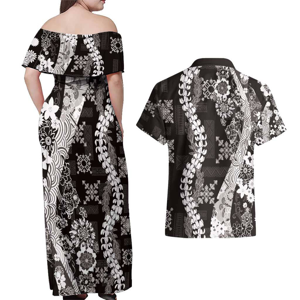 Hawaii Puakenikeni and Maile Lei Couples Matching Off Shoulder Maxi Dress and Hawaiian Shirt Black Japanese Wave Style LT9 - Polynesian Pride