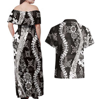 Hawaii Puakenikeni and Maile Lei Couples Matching Off Shoulder Maxi Dress and Hawaiian Shirt Black Japanese Wave Style LT9 - Polynesian Pride