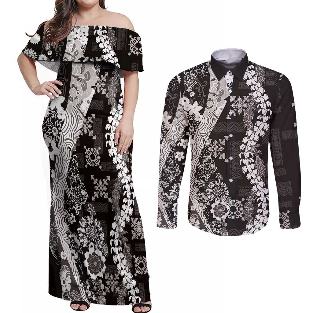 Hawaii Puakenikeni and Maile Lei Couples Matching Off Shoulder Maxi Dress and Long Sleeve Button Shirt Black Japanese Wave Style LT9 Black - Polynesian Pride
