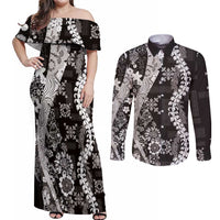 Hawaii Puakenikeni and Maile Lei Couples Matching Off Shoulder Maxi Dress and Long Sleeve Button Shirt Black Japanese Wave Style LT9 Black - Polynesian Pride
