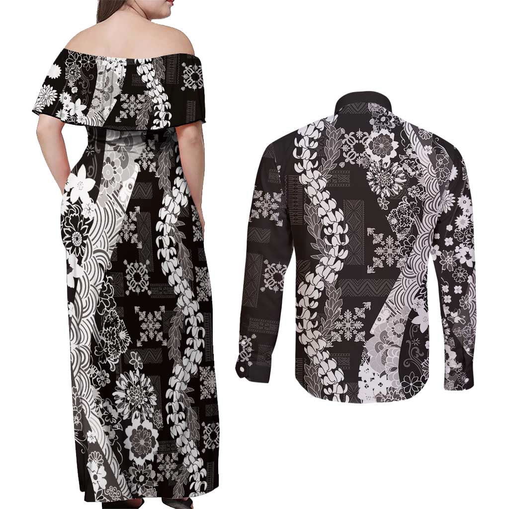 Hawaii Puakenikeni and Maile Lei Couples Matching Off Shoulder Maxi Dress and Long Sleeve Button Shirt Black Japanese Wave Style LT9 - Polynesian Pride