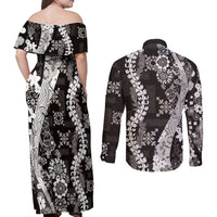 Hawaii Puakenikeni and Maile Lei Couples Matching Off Shoulder Maxi Dress and Long Sleeve Button Shirt Black Japanese Wave Style LT9 - Polynesian Pride