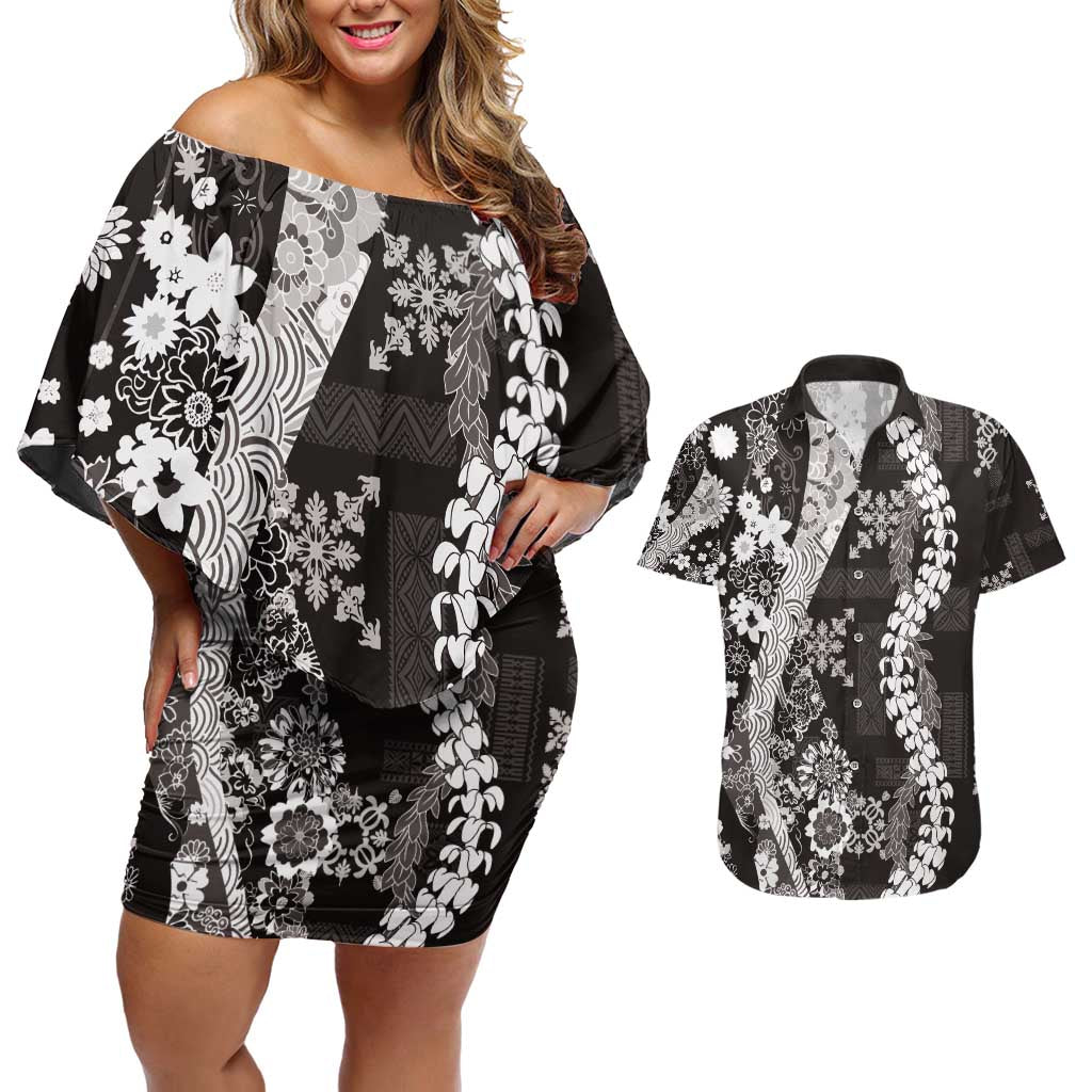 Hawaii Puakenikeni and Maile Lei Couples Matching Off Shoulder Short Dress and Hawaiian Shirt Black Japanese Wave Style LT9 Black - Polynesian Pride
