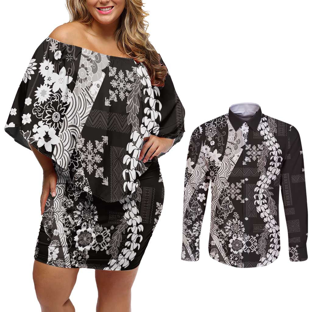 Hawaii Puakenikeni and Maile Lei Couples Matching Off Shoulder Short Dress and Long Sleeve Button Shirt Black Japanese Wave Style LT9 Black - Polynesian Pride