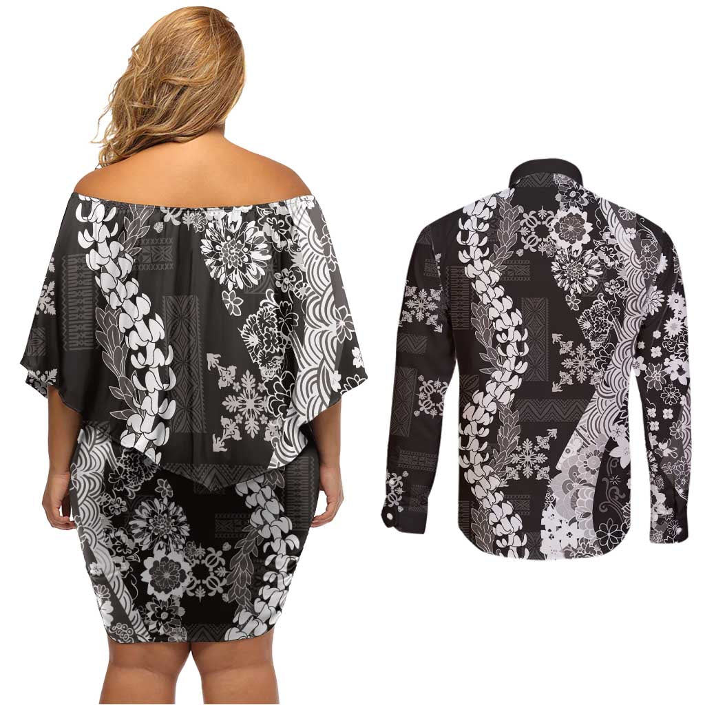 Hawaii Puakenikeni and Maile Lei Couples Matching Off Shoulder Short Dress and Long Sleeve Button Shirt Black Japanese Wave Style LT9 - Polynesian Pride