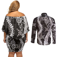 Hawaii Puakenikeni and Maile Lei Couples Matching Off Shoulder Short Dress and Long Sleeve Button Shirt Black Japanese Wave Style LT9 - Polynesian Pride